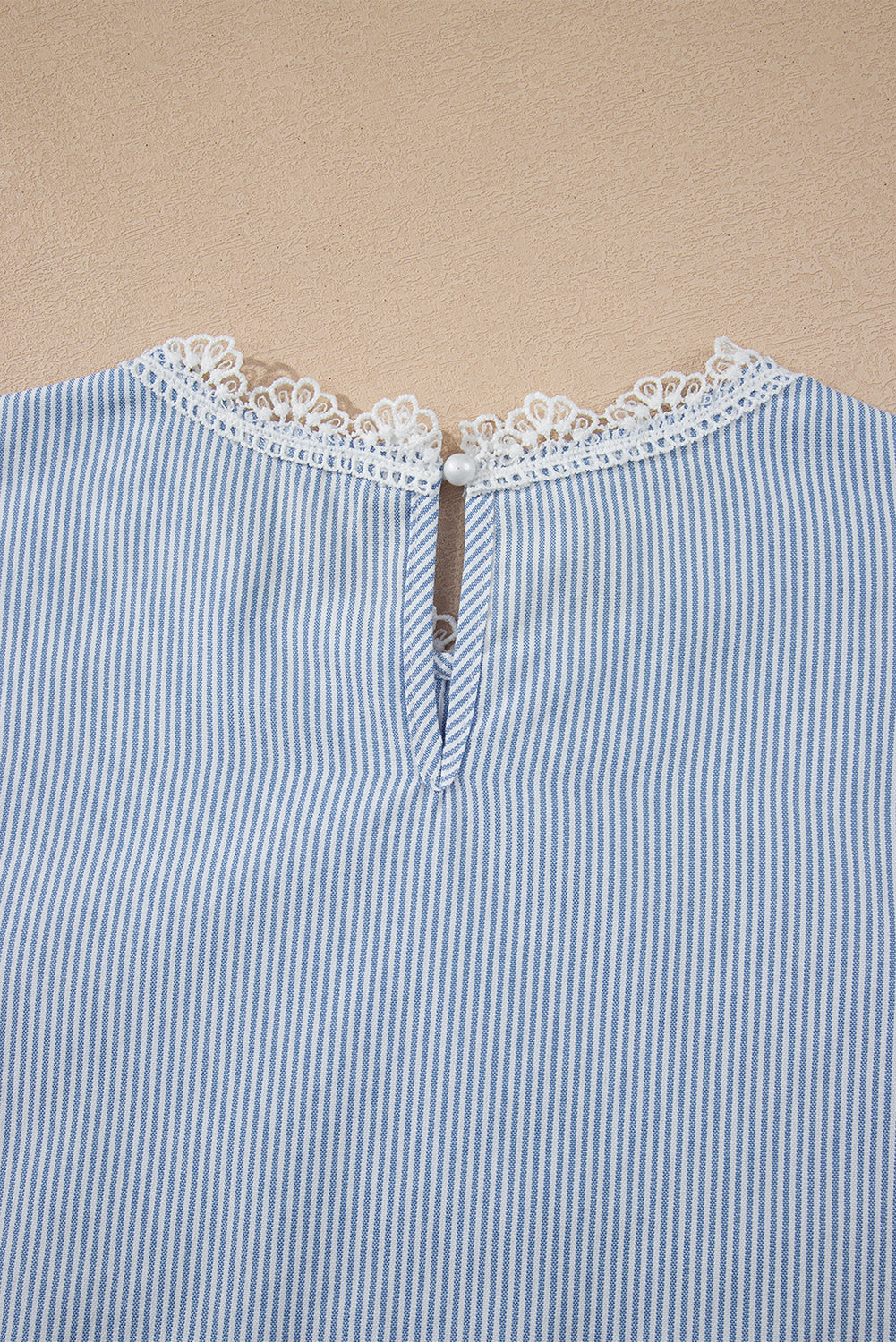 Sky Blue Stripe Floral Lace Splicing Puff Sleeve Blouse