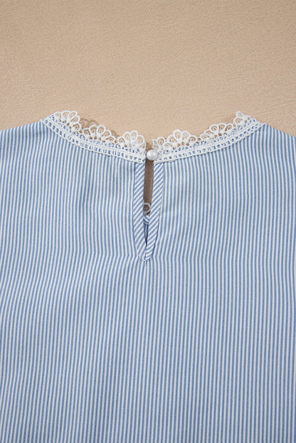 Sky Blue Stripe Floral Lace Splicing Puff Sleeve Blouse