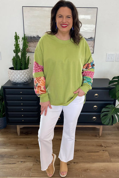 Green Plus Size Printed Patchwork Sleeve Split Sweatshirt - Chic Meadow Boutique 