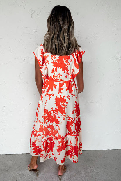 Red Floral Print Trimmed V Neck Ruffle Sleeve Long Dress