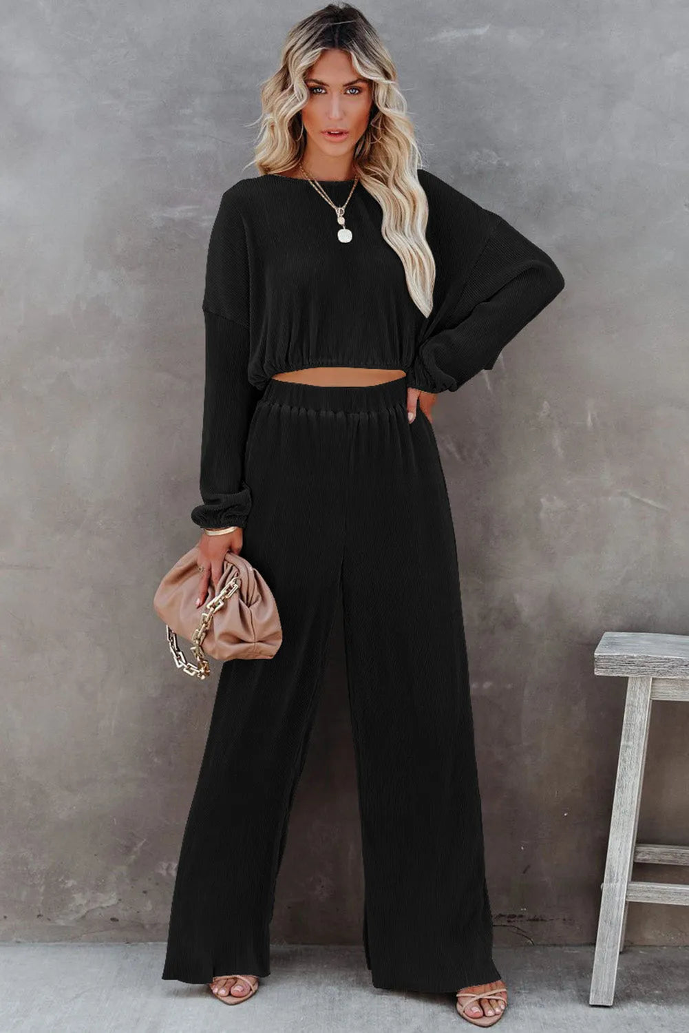 Black Corded Cropped Pullover and Wide Leg Pants Set - Chic Meadow Boutique 