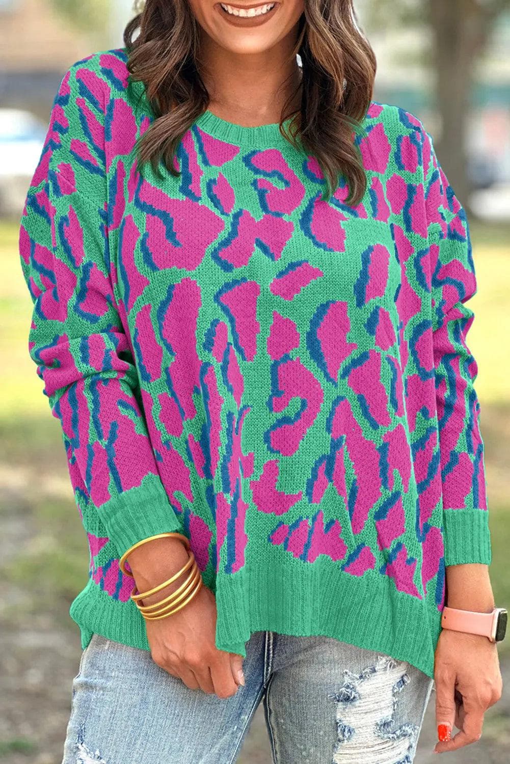 Sweaters & Cardigans/Sweaters Green / S / 50%Viscose+28%Polyester+22%Polyamide Green Abstract Print Ribbed Trim Baggy Sweater