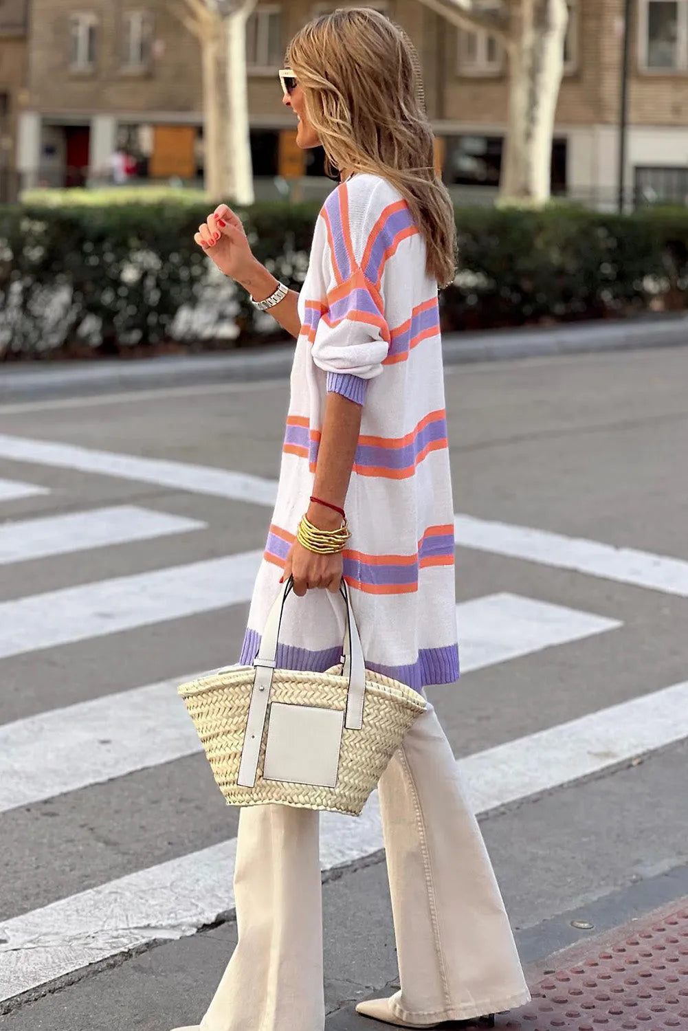 Beige Striped Long Sleeve Ribbed Trim Button Cardigan - Chic Meadow Boutique 