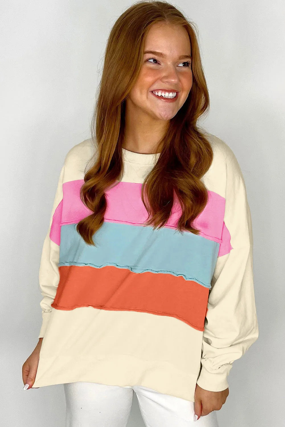 White Colorblock Patchwork Crewneck Drop Shoulder Sweatshirt - Chic Meadow Boutique 