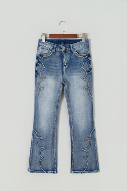 Blue Western Embroidered Flare Full Length Jeans