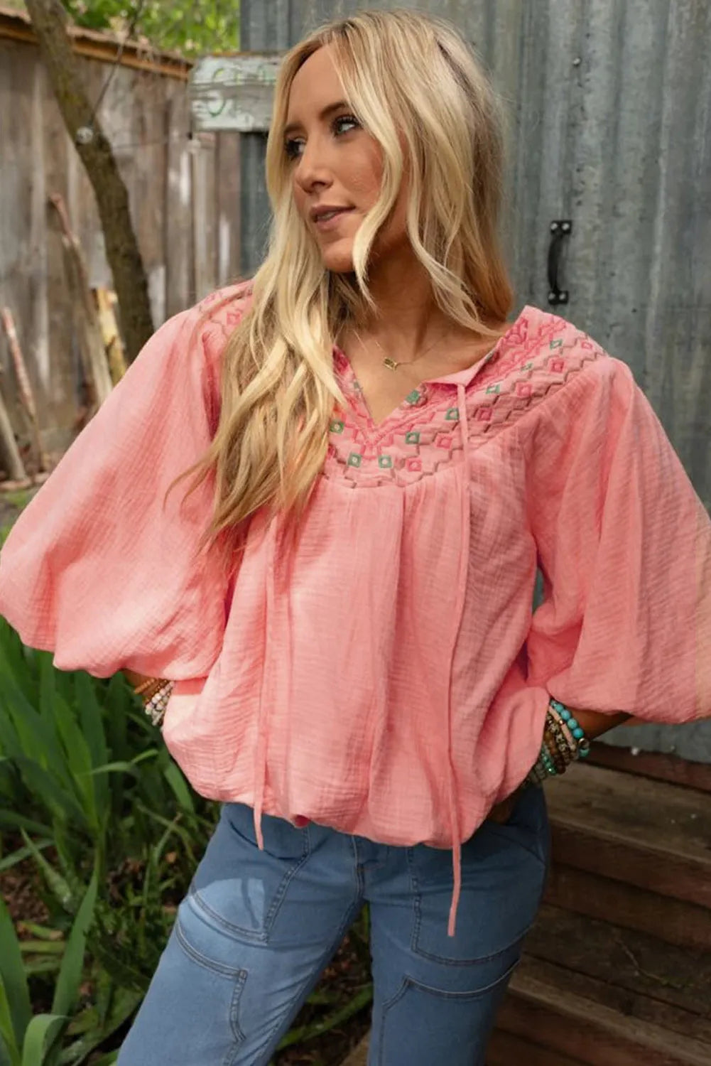 Apricot Pink Geometric Embroidered V Neck Puff Sleeve Blouse - Chic Meadow Boutique 