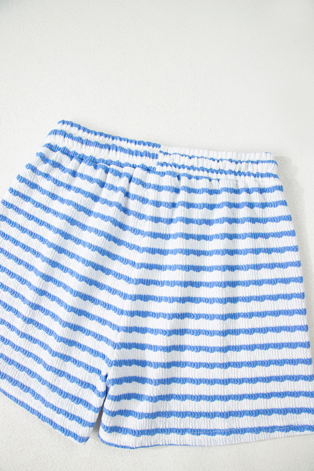 Sky Blue Stripe Knitted Short Sleeve Top and Drawstring Shorts Set