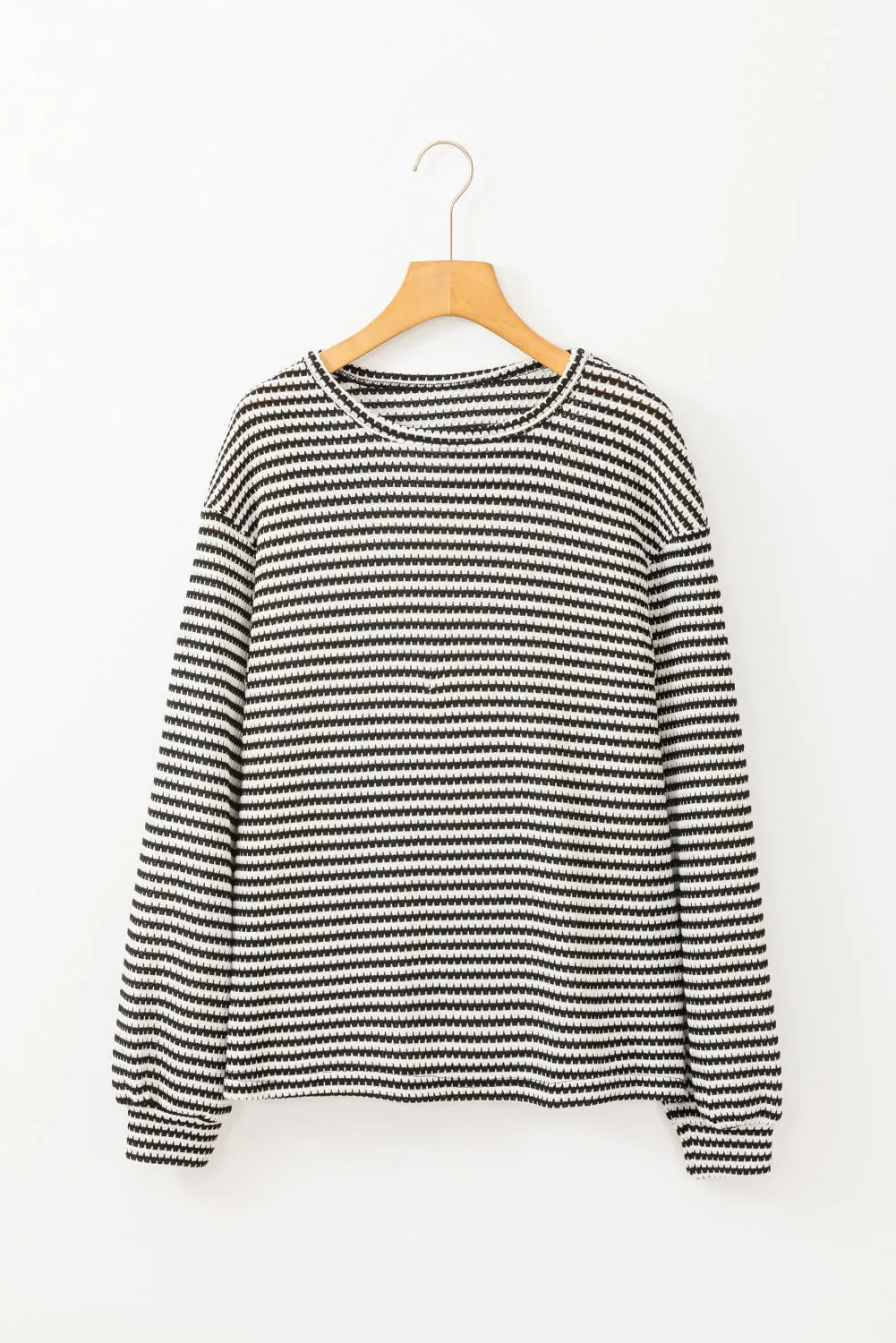 Black Stripe Round Neck Drop Shoulder Long Sleeve Top - Chic Meadow Boutique 