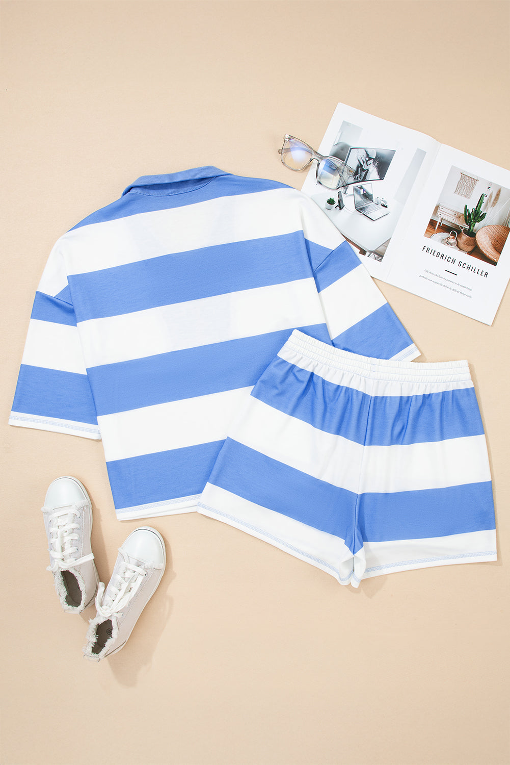 Sky Blue Stripe Seam Detail Half Zip Oversize Tee Casual Shorts 2pcs Set