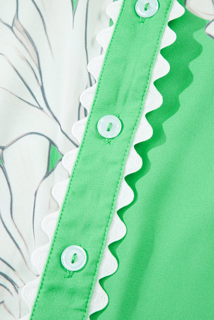 Green Floral Ric Rac Edge Puff Sleeve Button Up Summer Shirt