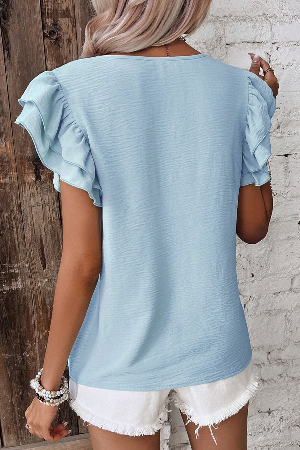 Mist Blue Solid Color Ruffled Short Sleeve Casual Blouse