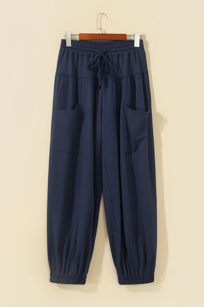 Dirty blue Elastic Waist Drawstring Wide Leg Full Length Pants