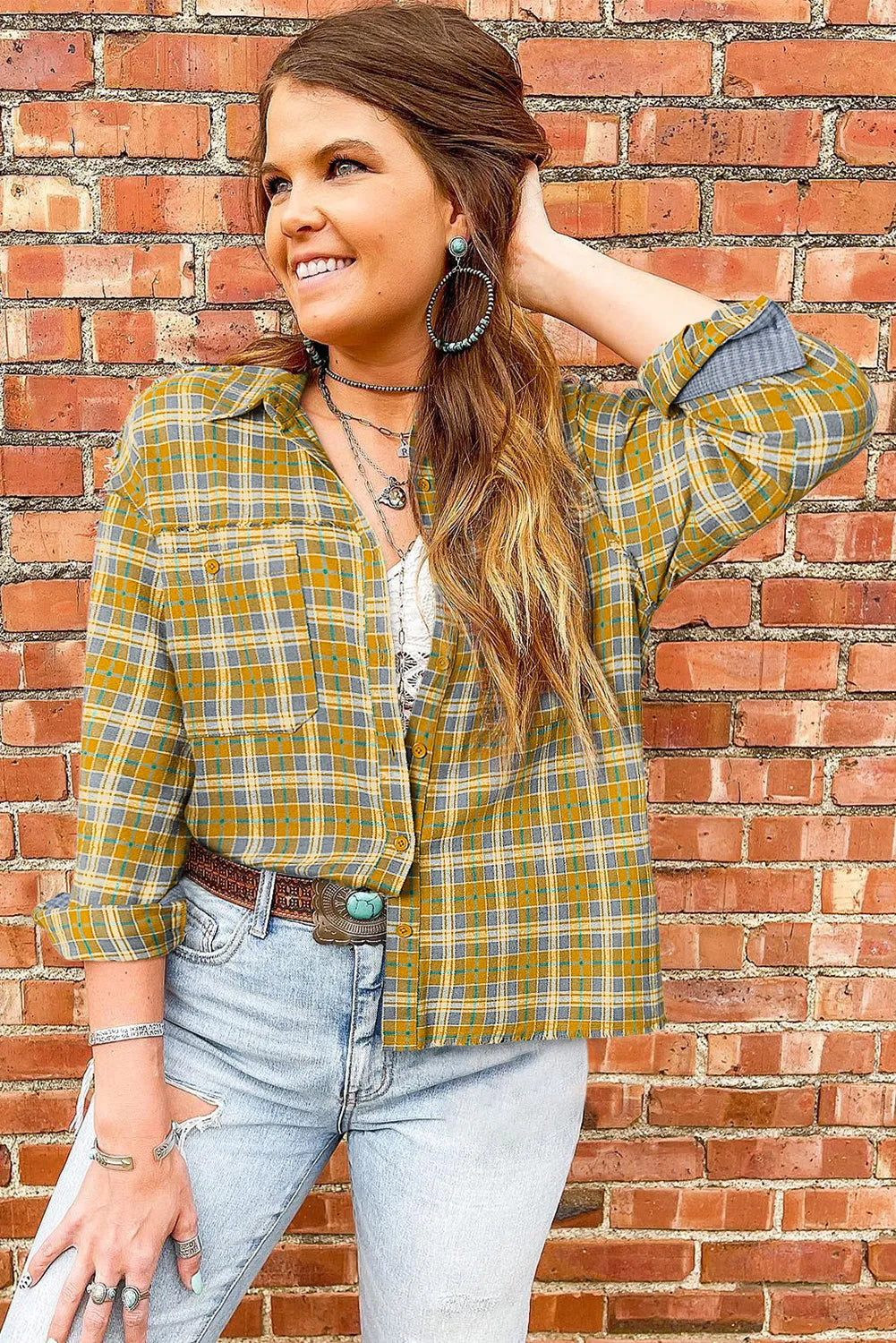 Ginger Plaid Embroidery Patch Button-Down Shacket - Chic Meadow Boutique 