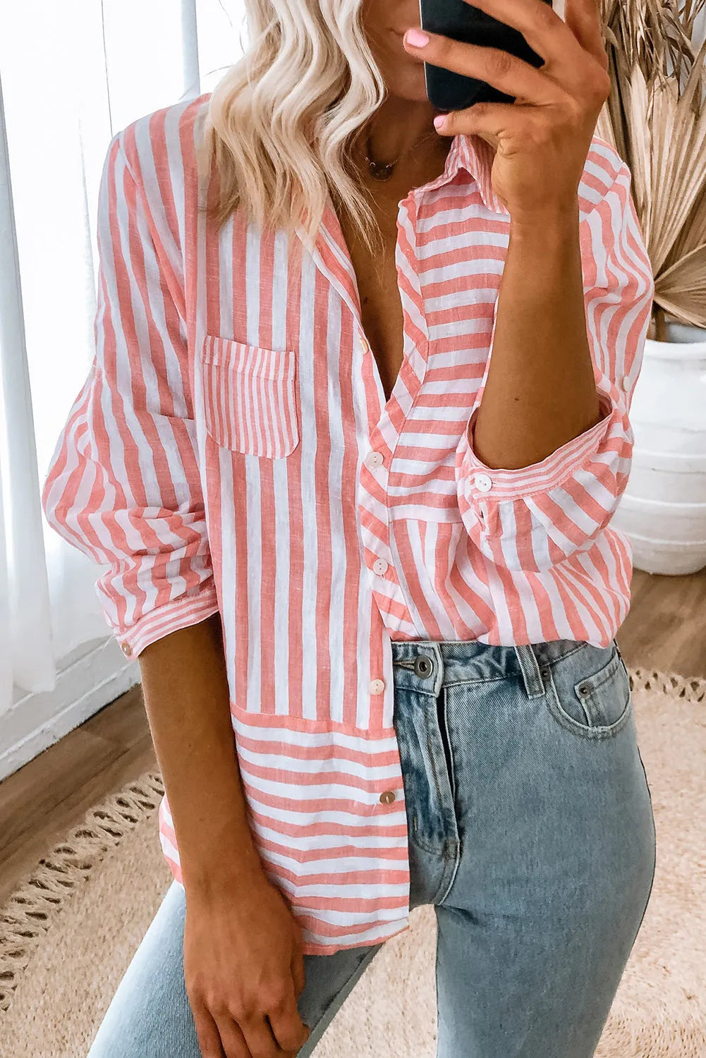 Pink Stripe Buttoned Long Sleeve Casual Shirt - Chic Meadow Boutique 