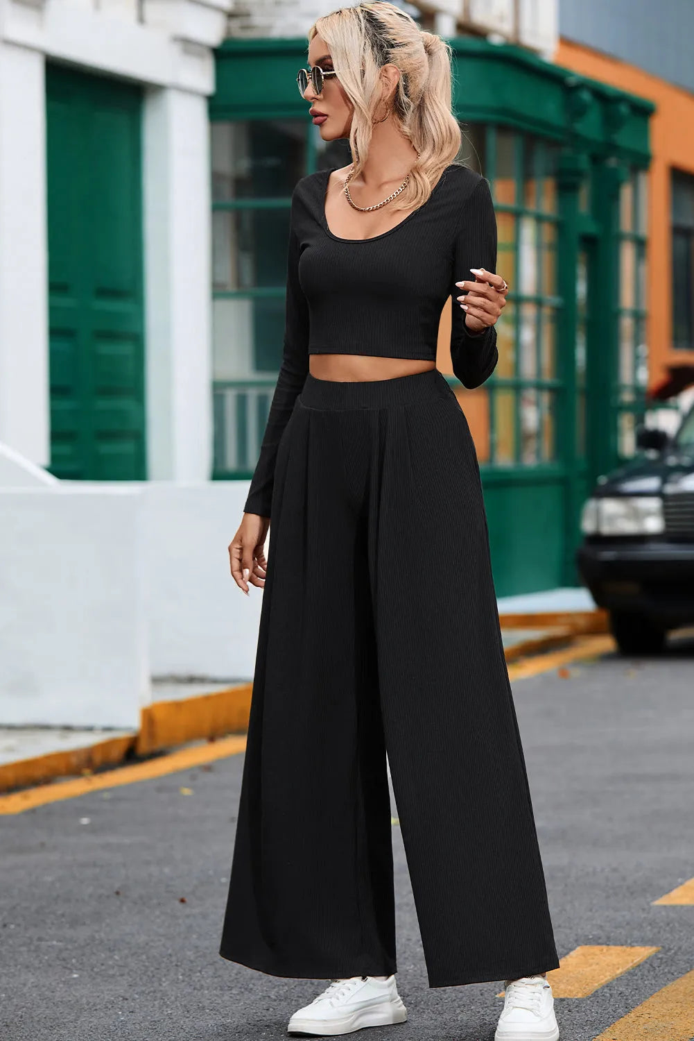 Black Solid Color Ribbed Crop Top Long Pants Set - Chic Meadow Boutique 