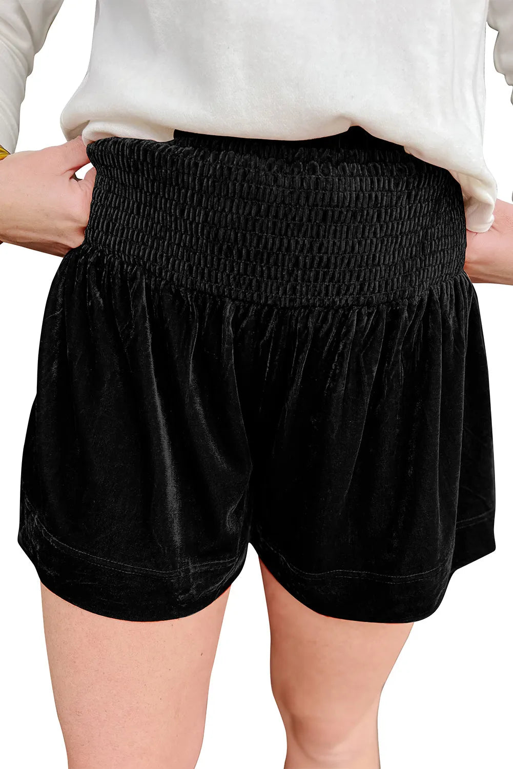 Black Smocked High Waist Velvet Shorts - Chic Meadow Boutique 