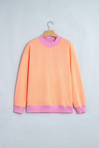 Grapefruit Orange Colorblock Trim Crewneck Long Sleeve Pullover Sweatshirt