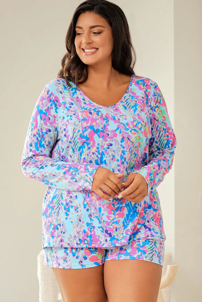 Sky Blue Plus Size Floral Print Long Sleeve and Shorts Lounge Outfit - Chic Meadow Boutique 