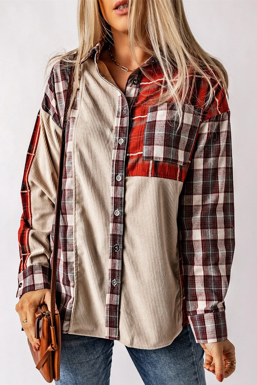 Plaid Corduroy Patchwork Shacket - Chic Meadow Boutique 