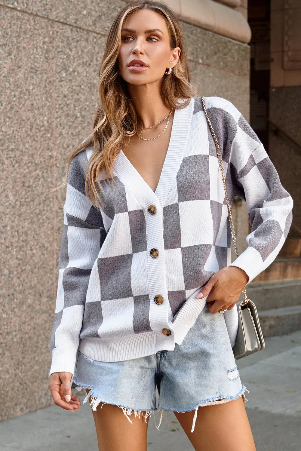 Gray Contrast Checkered Print Button Up Sweater Cardigan - Chic Meadow Boutique 