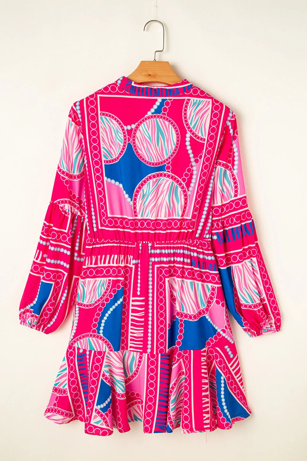 Rose Boho Abstract Printed Puff Sleeve Drawstring Waist Ruffled Mini Dress - Chic Meadow Boutique 