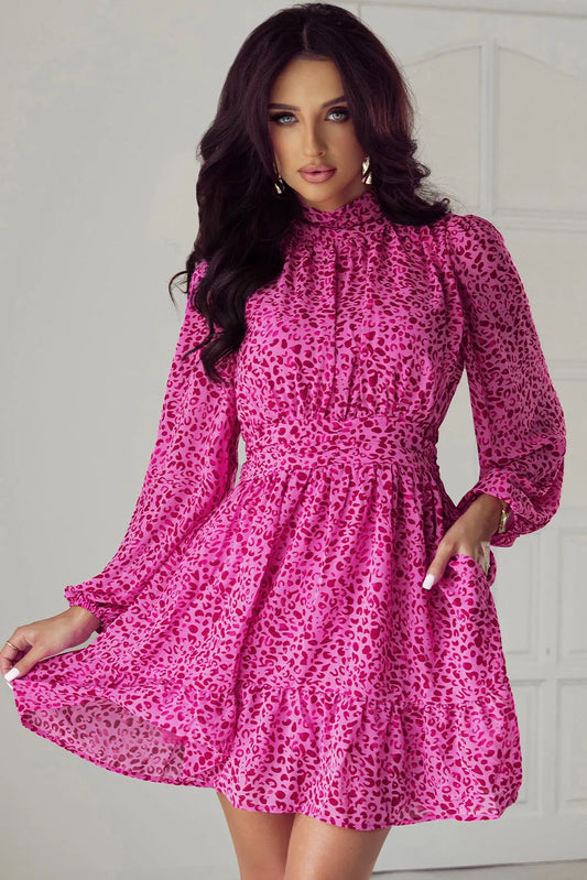 Rose Leopard Puff Sleeve Knotted High Neck Ruffle Dress - Chic Meadow Boutique 