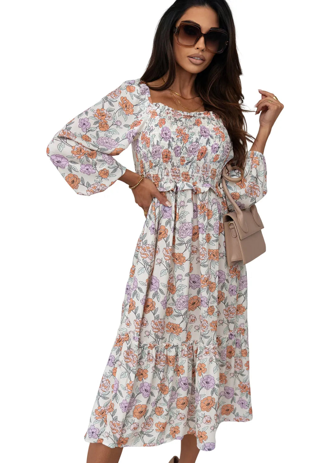 Multicolor Floral Smocked Long Sleeve Pocketed Dress - Chic Meadow Boutique 