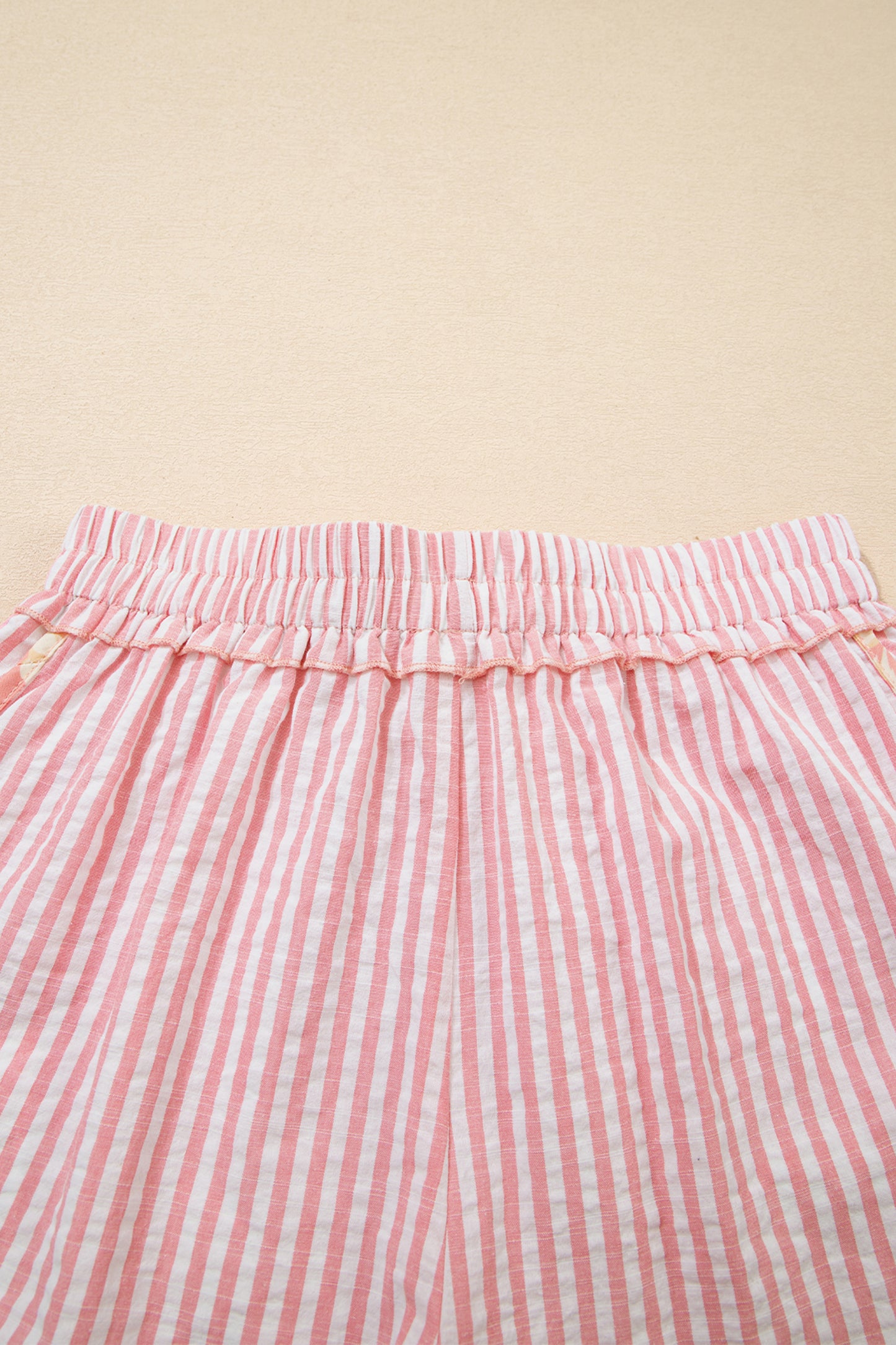 Light Pink Floral Trim Ribbon Knot Striped Casual Shorts