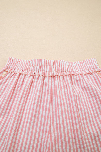 Light Pink Floral Trim Ribbon Knot Striped Casual Shorts