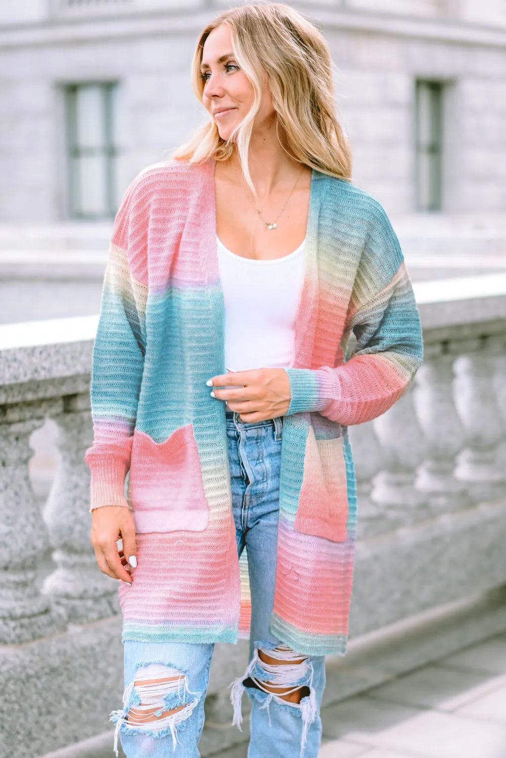 Green Gradient Knit Open Cardigan with Pockets - Chic Meadow Boutique 