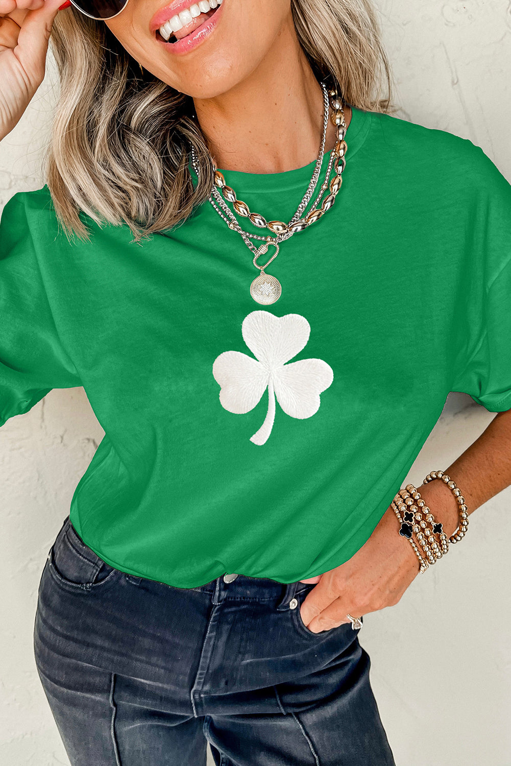 Bright Green Embroidered Clover Pattern St Patrick Tee