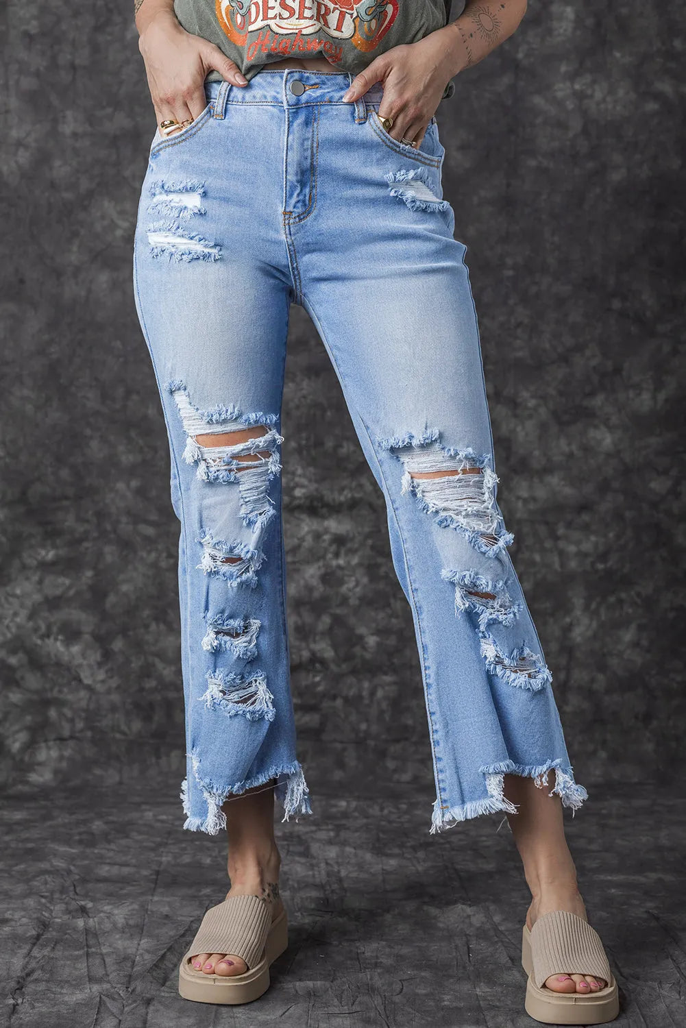 Sky Blue Heavy Destroyed High Waist Jeans - Chic Meadow Boutique 