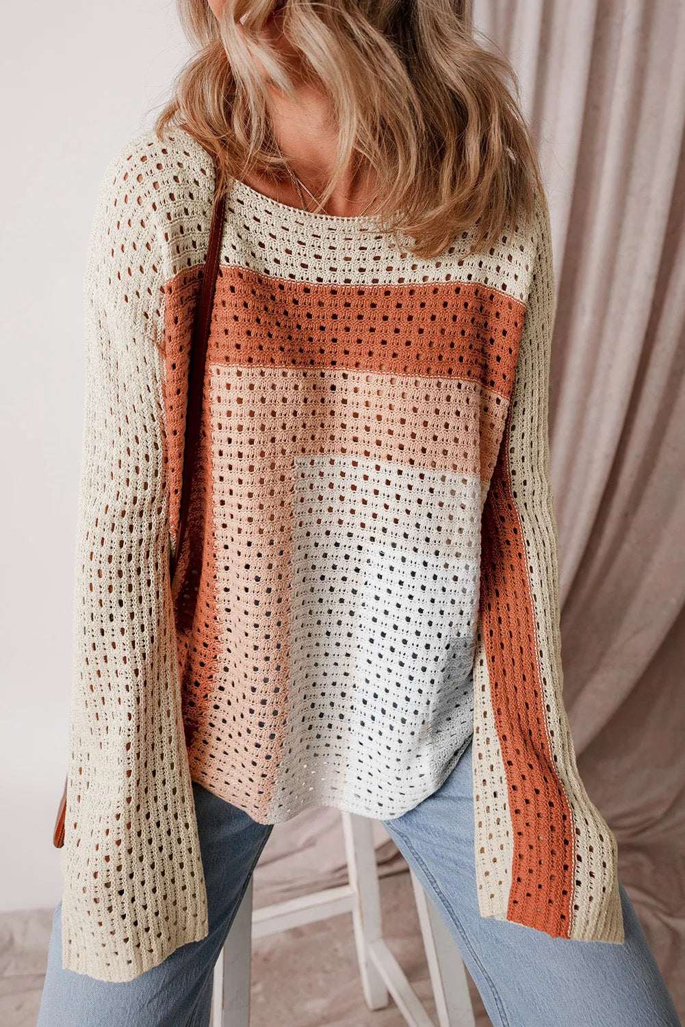 Apricot Pointelle Knit Colorblock Baggy Sweater - Chic Meadow Boutique 