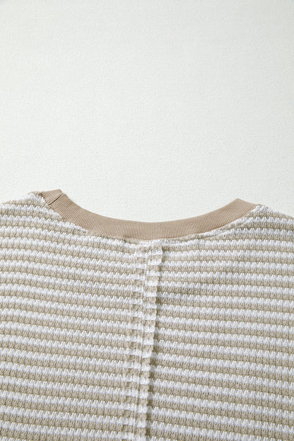 Brown Stripe Ribbed Trim Drop Shoulder Long Sleeve Oversize Top