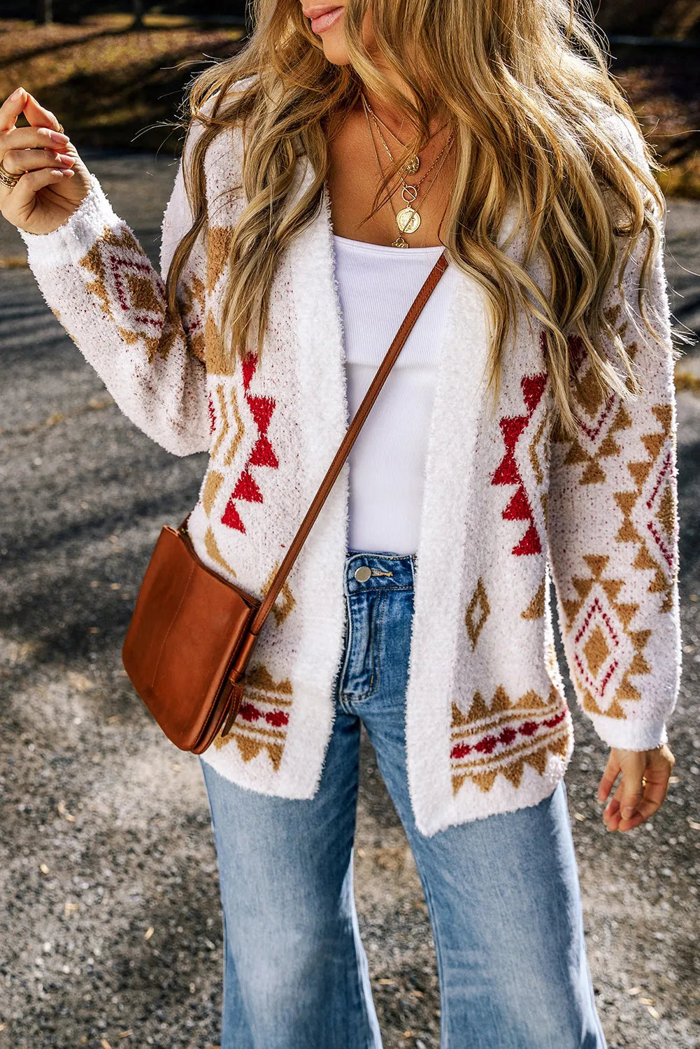 White Aztec Pattern Open Knitted Cardigan - Chic Meadow Boutique 