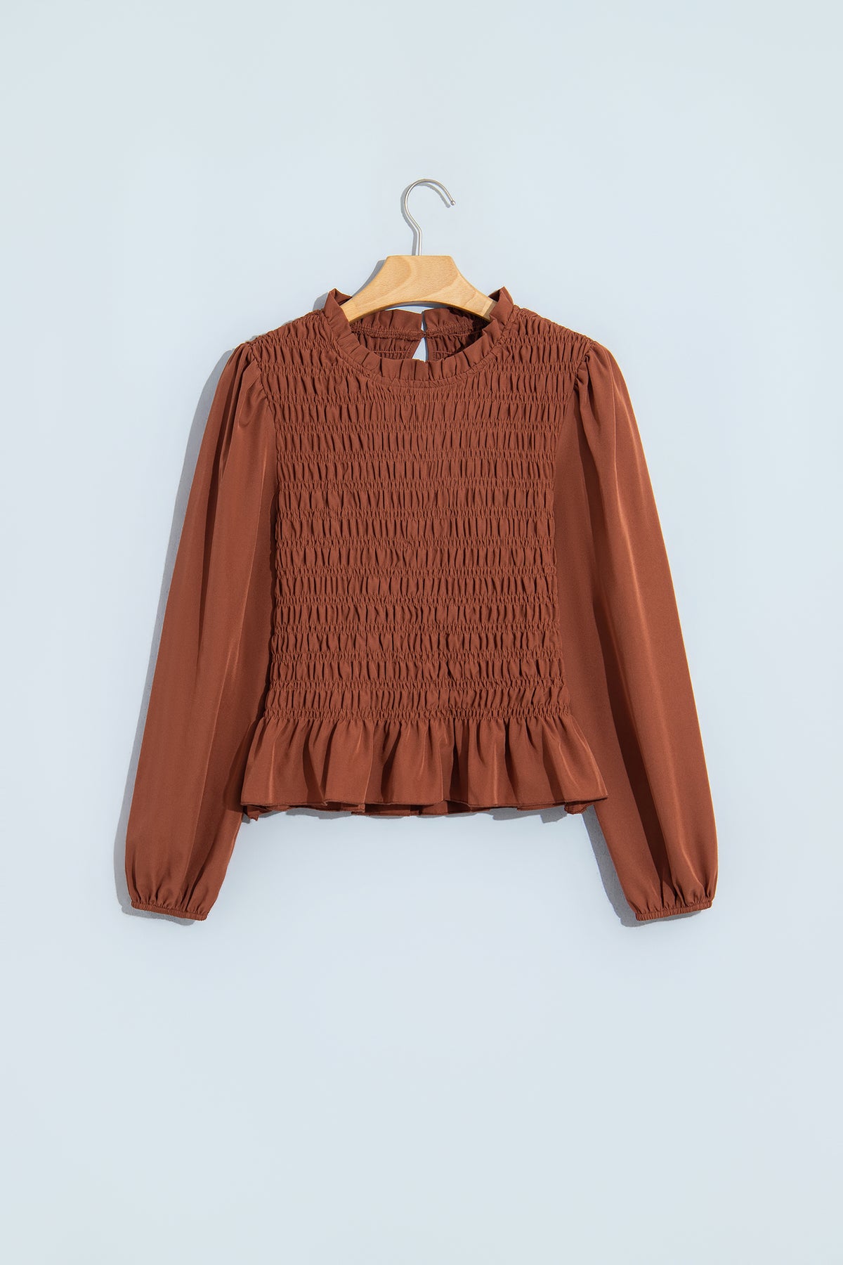 Coffee Solid Color Smocked Ruffle Hem Long Sleeve Blouse