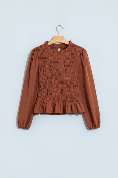 Coffee Solid Color Smocked Ruffle Hem Long Sleeve Blouse