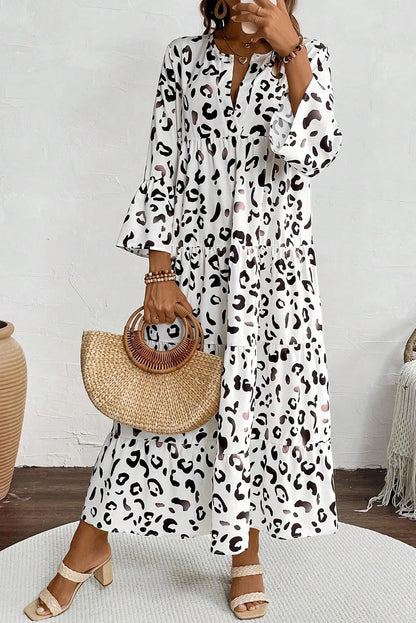 White Leopard Print Notch V Neck Loose Fit Maxi Dress - Chic Meadow Boutique 