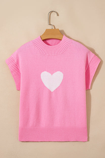 Pink Valentine Heart Graphic Cropped Short Sleeve Sweater