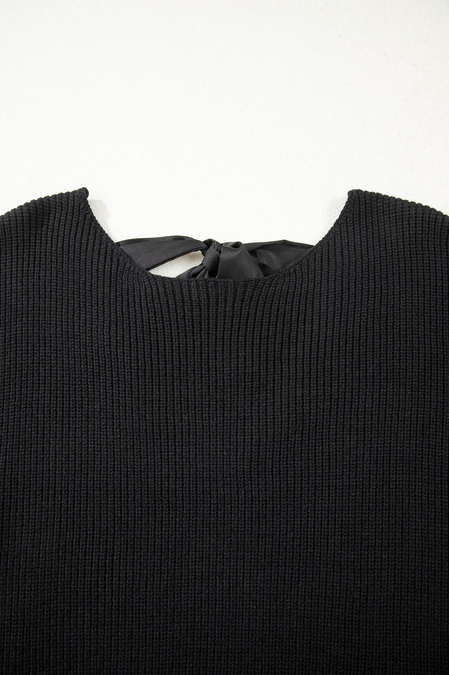 Black Ribbed Knit Ribbon Knot Backless Drop Shoulder Sweater