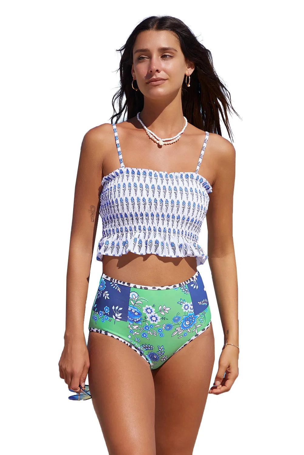 Blue Printed Smocked High waisted swimsuits - Chic Meadow Boutique 