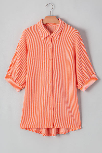 Grapefruit Orange Corded Half Sleeve Button Up High Low Hem Loose Shirt