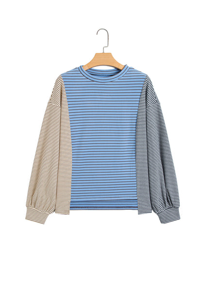 Sky Blue Stripe Color Block Contrast Long Sleeve Round Neck Casual Shift Pullover