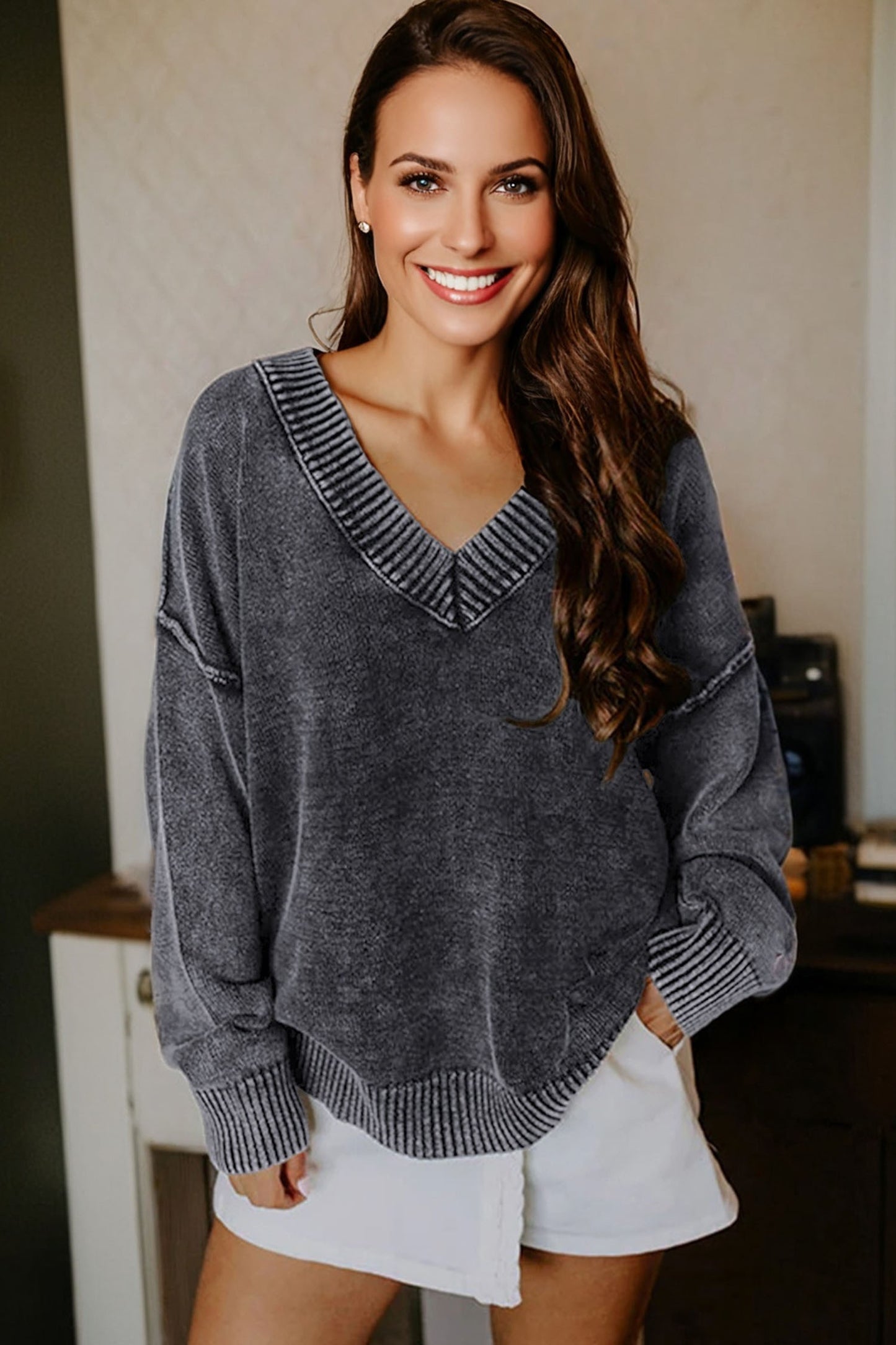 Black Mineral Wash V Neck Knit Exposed Seam Drop Shoulder Loose Sweater