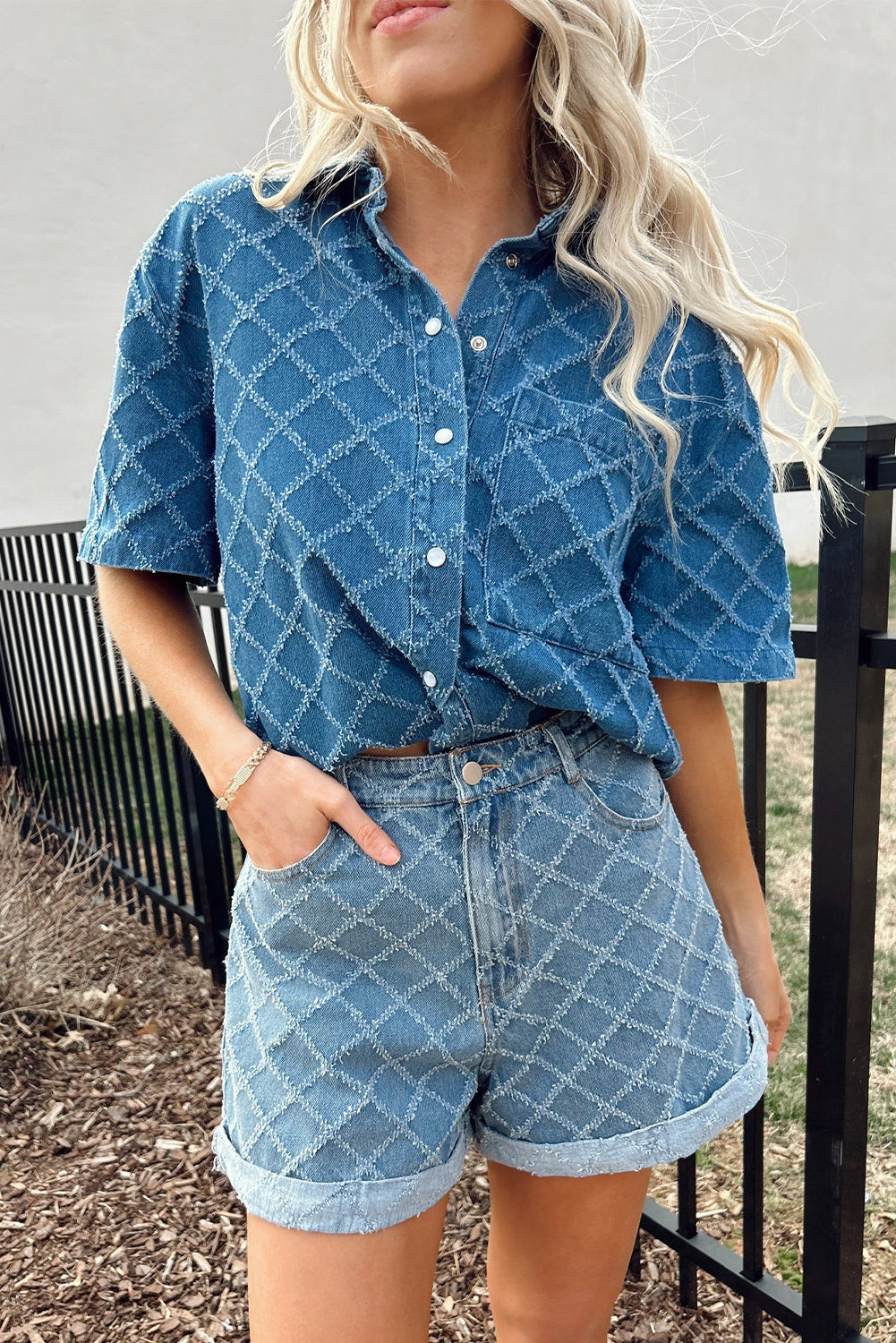 Dusk Blue Checkered Textured Short Sleeve Patched Pocket Denim Shirt