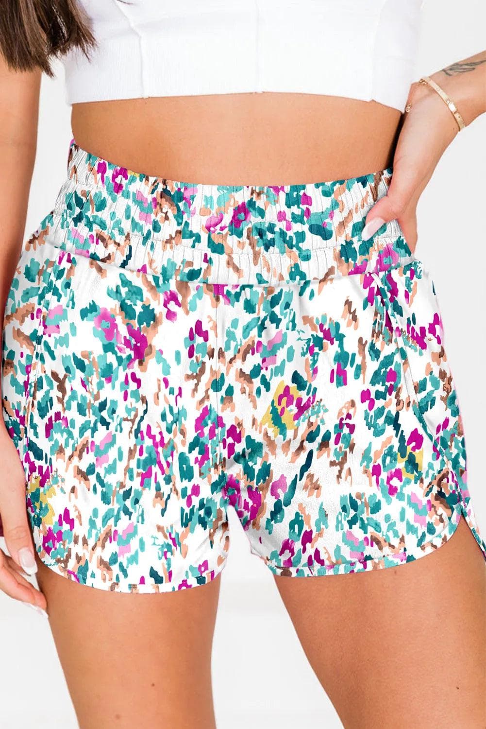 Bottoms/Casual Shorts Light Blue / S / 100%Polyester Light Blue Leopard High Waisted Athletic Shorts