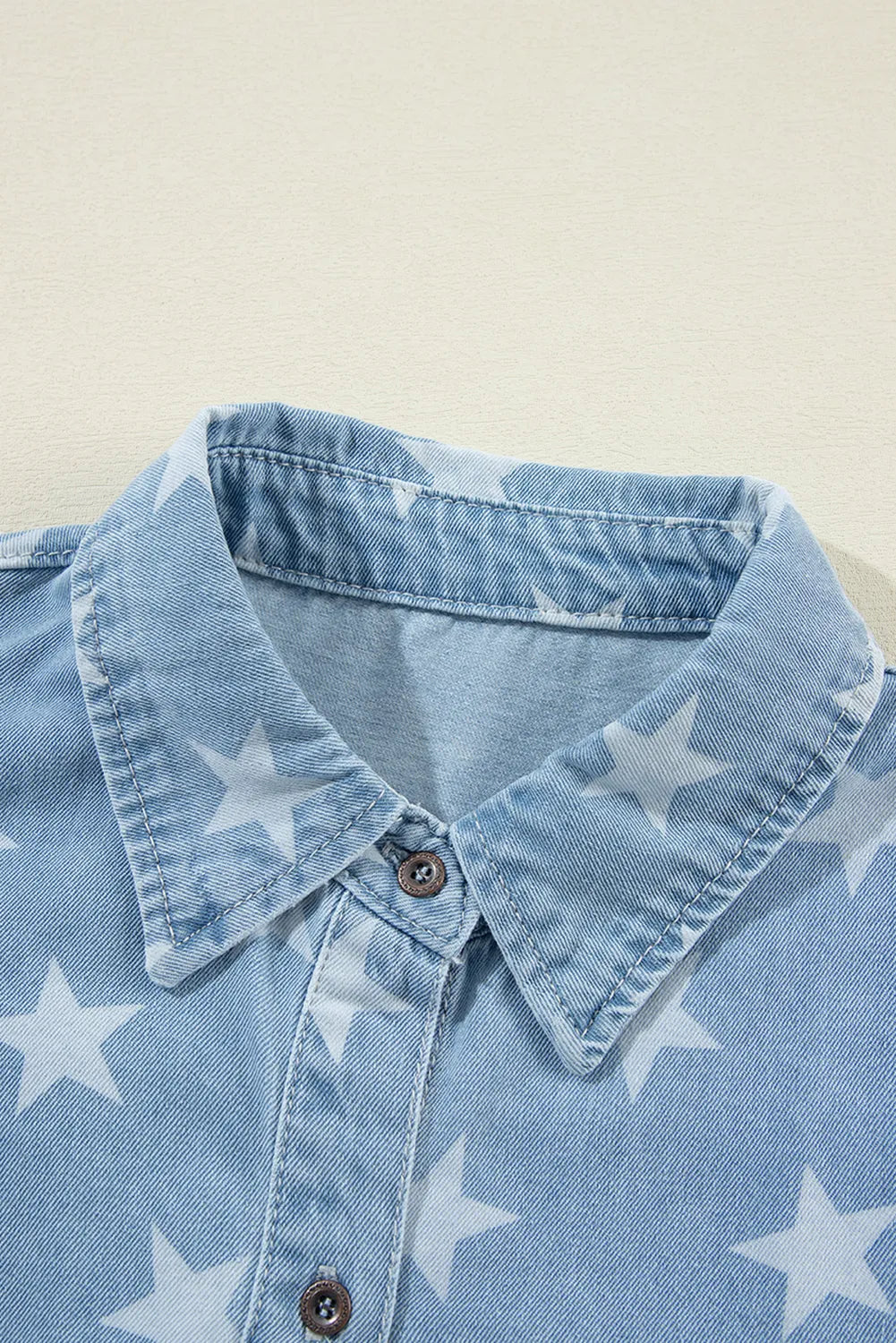 Sky Blue Star Print Light Wash Raw Hem Denim Jacket - Chic Meadow Boutique 