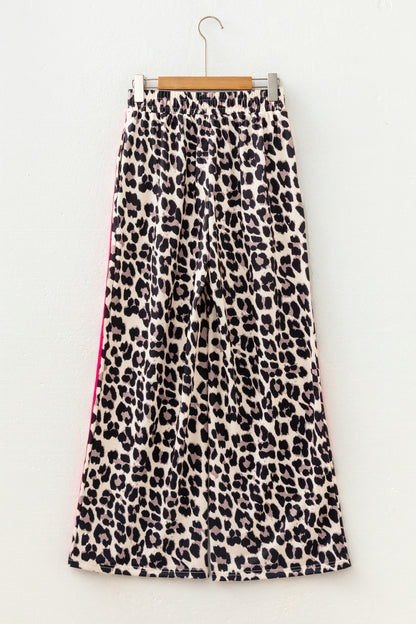 Rose Contrast Detail Tie Waist Leopard Print Casual Pants