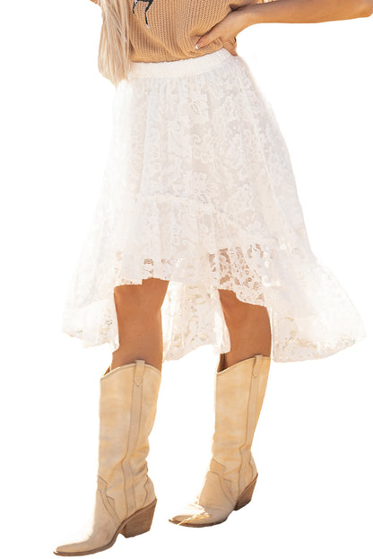 White Lace Ruffled High-low Hem Midi Skirt