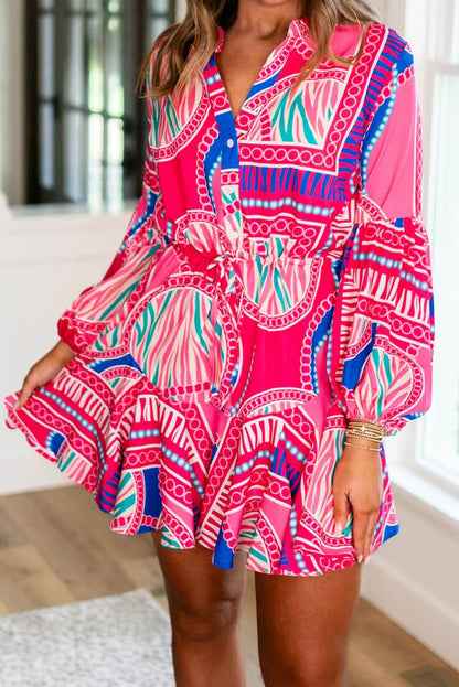 Rose Boho Abstract Printed Puff Sleeve Drawstring Waist Ruffled Mini Dress - Chic Meadow Boutique 